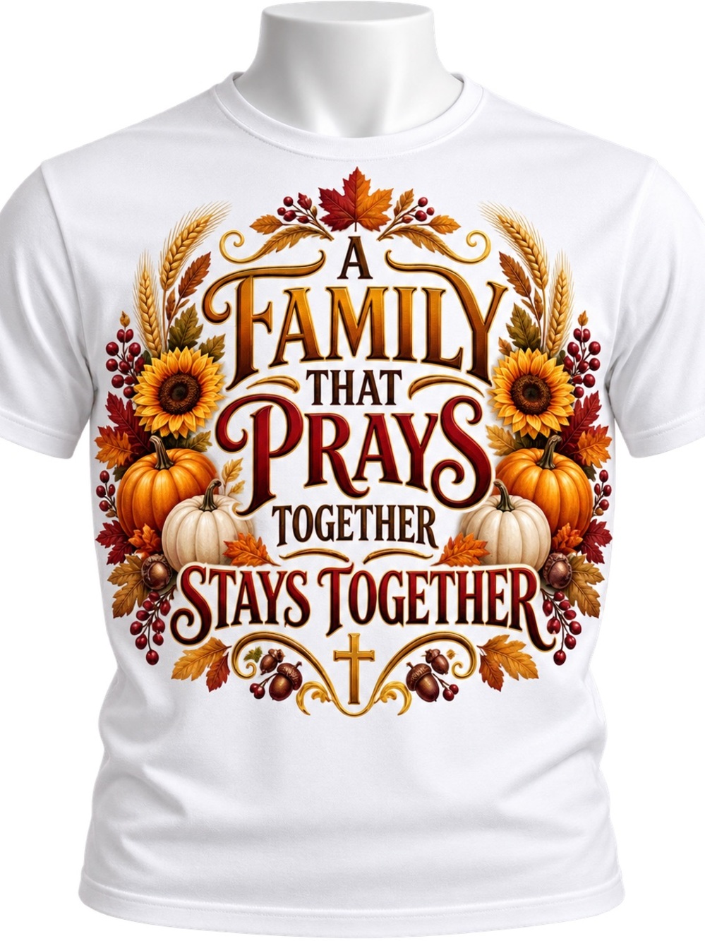 Gildan White Tee with Autumn Sunflower & Pumpkin Prayer Design